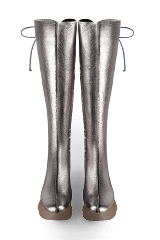 Ash grey women's knee-high boots, with laces at the back. Round toe. Low rubber soles. Made to measure. Top view - Florence KOOIJMAN